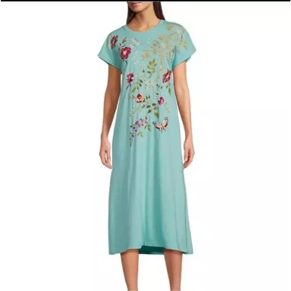 Johnny Was | Dresses | Nwt Johnny Was Osaka Relaxed Fit Knit Dress Light  Blue Long Embroidered Medium | Poshmark